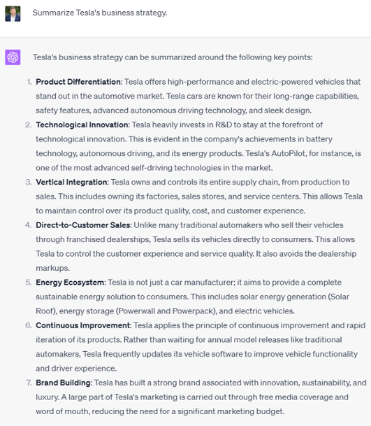 Generative AI tool summarizes Tesla's business strategy