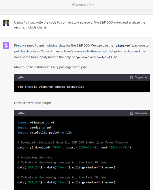 Model generating code to solve/analyze stock market data